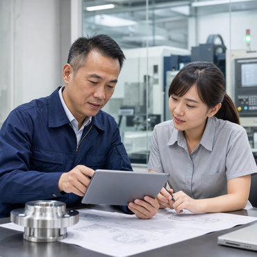 主管與女性助理在 CNC 工廠辦公室討論工作