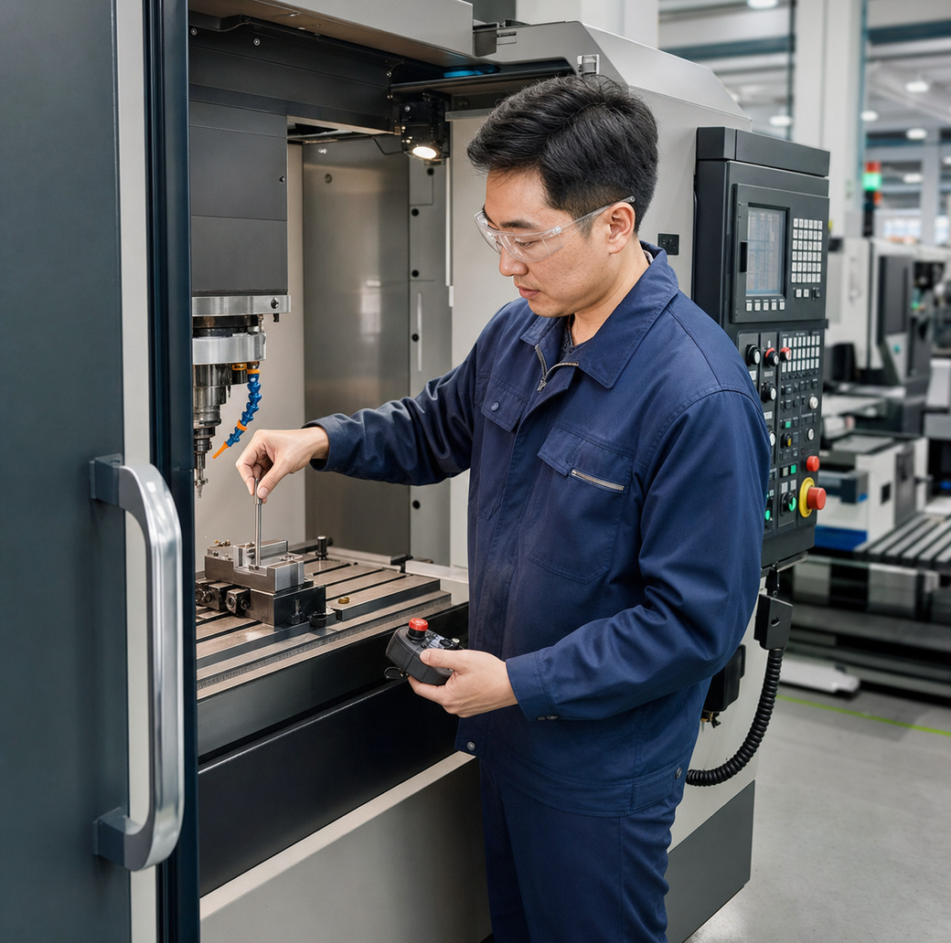 工程師在 CNC 機台旁進行工件裝夾與加工設定